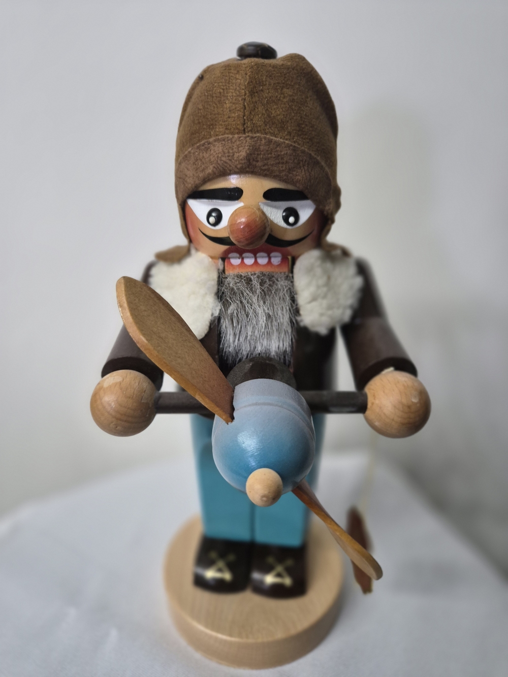 VINTAGE-STEINBACH-Wooden Pilot Nutcracker Figurine in Brown and Blue